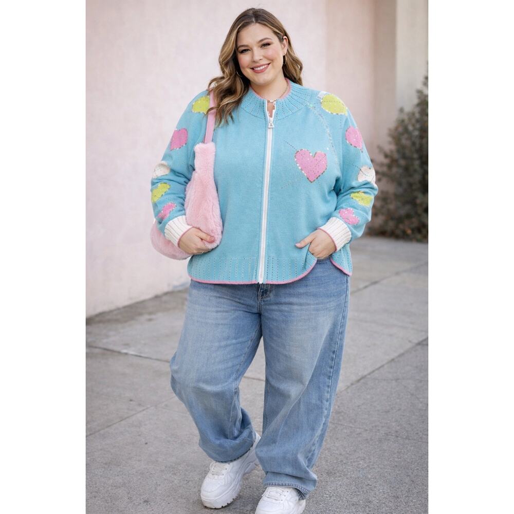 Vintage BEREK Pink Heart Blue Buttons Sequin Hand Zip Sweater Cardigan Plus 1x
